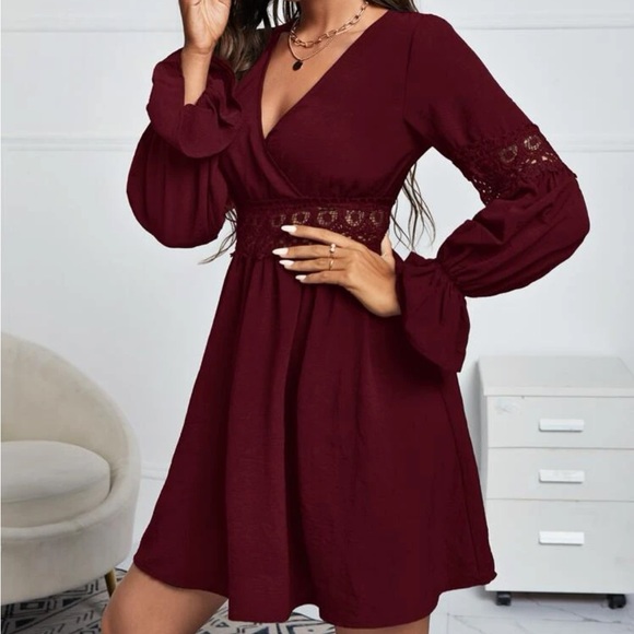 Luxe burgundy lace insert flounce sleeve dress - Picture 8 of 10